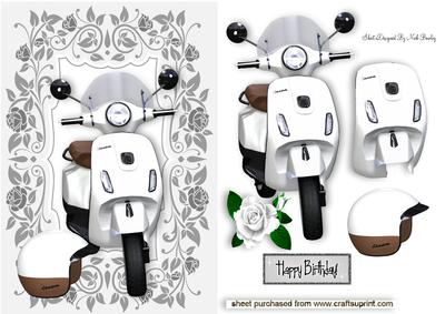 White Vespa Scooter with Rose and Helmet