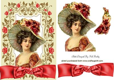 Vintage Lady in Big Hat in Rose Frame