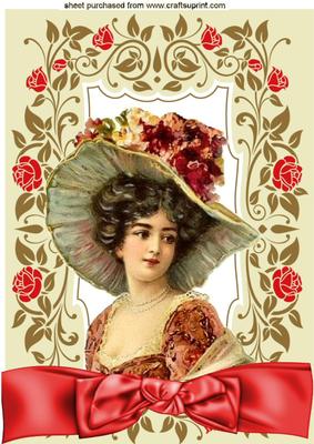 Vintage Lady in Big Hat in Rose Frame A4
