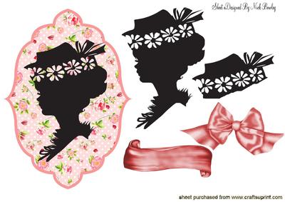 Silhouette Vintage Lady in Daisy Hat, Rose Frame