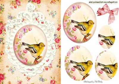 Shabby Chic Little Yellow Bird in Oval Pyramids