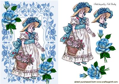 Vintage Girl with Basket of Flowers