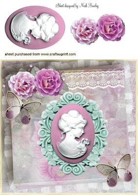 Pretty Cameo Lady with Pink Roses & Butterflies 8x8