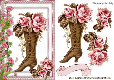 Vintage Brown Boot with Roses in Floral Frame