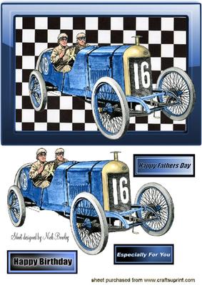 1914 Vintage Blue Sports Car in Check Glass Frame