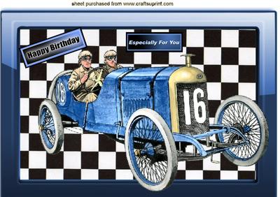 1914 Vintage Blue Sports Car in Glass Frame A4