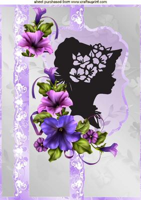 Silhouette Lady in Hat with Petunias A4