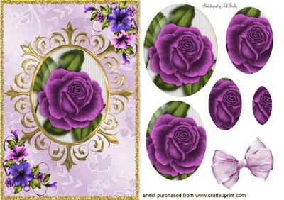 Purple Rose, with Petunias in Ornate Frame Oval Pyramids