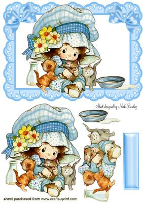 Cutie Pie in Bonnet with Her Little Kittens