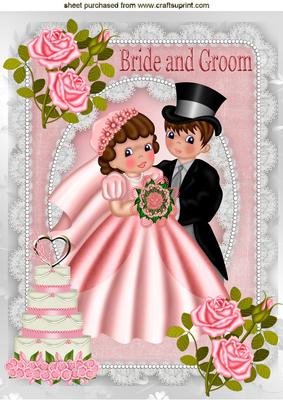 Bride and Groom with Wedding Cake & Roses A4