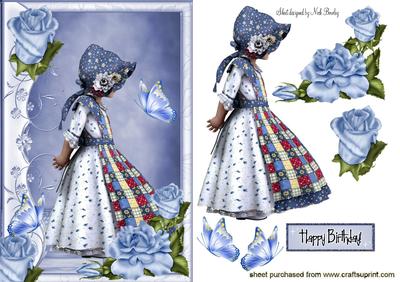 Girl in Floral Blue Bonnet with Roses