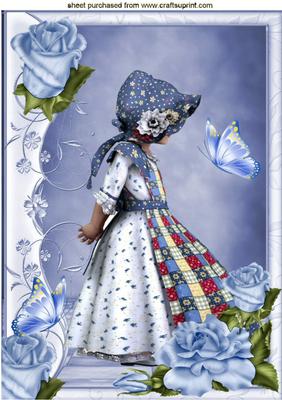 Girl in Floral Blue Bonnet with Roses A4