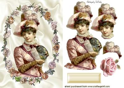 Vintage Lady with Fan in Oval Rose Frame