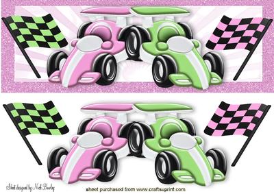 Pink & Green Race Cars with Flags Dl
