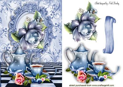 Blue Roses with Teapot and Cup in Ornate Frame