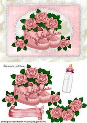 Pink Bootees with Roses in Lace Frame