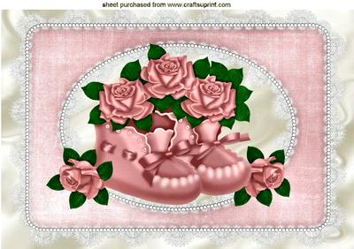 Pink Bootees with Roses in Lace Frame A4