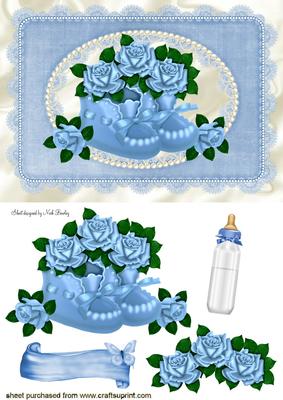 Blue Bootees with Roses in Lace Frame
