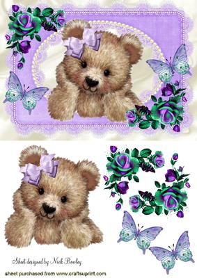 Fuzzy Bear with Purple Roses and Butterflies
