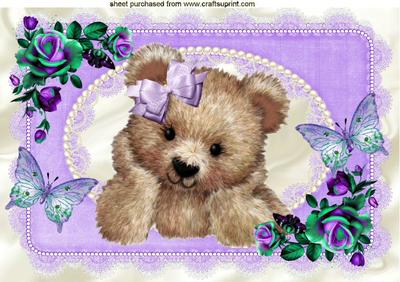 Fuzzy Bear with Purple Roses & Butterflies A4