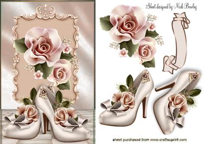 Peach Roses with Pretty Shoes in Scroll Frame
