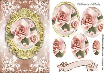 Pretty Peach Roses in Gold Frame Oval Pyramids