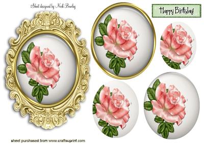 Pink Rose in White, Gold Frame Oval Pyramids