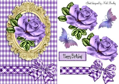 Gingham Bow with Purple Roses in Ornate Frame