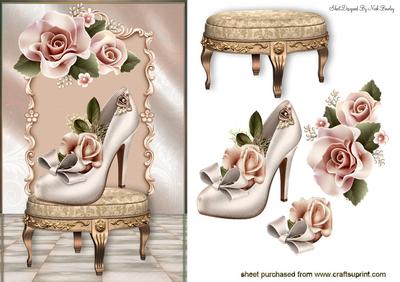 Pretty Shoe with Peach Roses on a Stool