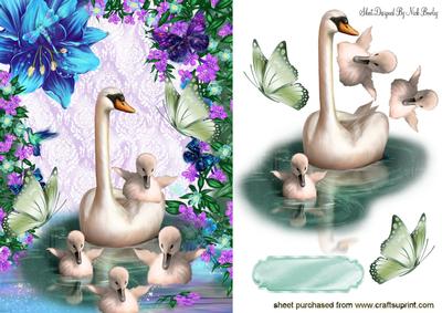 Fantasy Swansong with Her Little Cygnets & Flowers