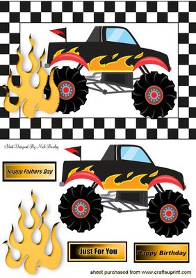 Black Monster Jeep with Flames in Check Frame