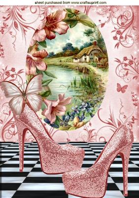 Pretty Cottage Scene with Lake & Shoes A4