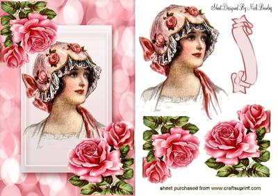 Beautiful Vintage Lady with Pink Roses
