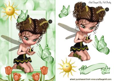 Faerie Holding a Bumble Bee with the Sun & Flowers