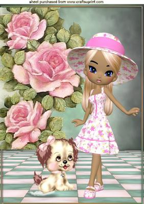 Pretty Girl with Her Puppy & Roses A4