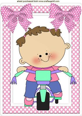 Baby Girl Riding Her Tricycle in Gingham Frame A4