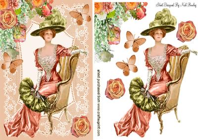 Elegant Lady Sitting with Fan on Peach Lace