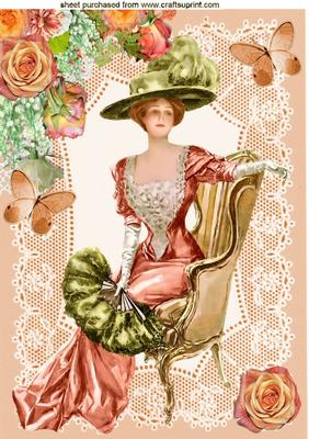 Elegant Lady Sitting with Fan on Peach Lace A4