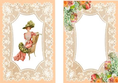Elegant Lady Sitting with Fan on Peach Lace A5 Insert