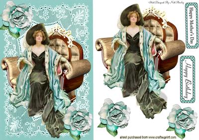 Vintage Lady in Chair on Turq Lace & Roses