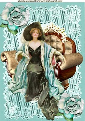 Vintage Lady in Chair on Turq Lace & Roses A4
