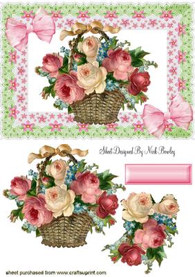 Basket of Roses with Bows in Lace Frame