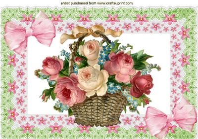 Basket of Roses with Bows in Lace Frame A4