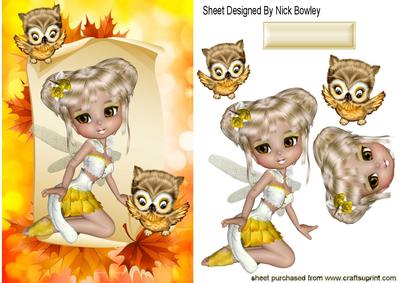 Autumn Faerie on a Scroll with Cute Owls