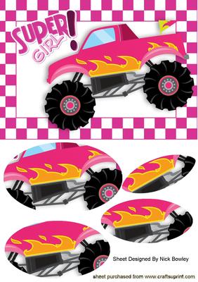 Pink Monster Truck with Flames Oval Pyramids