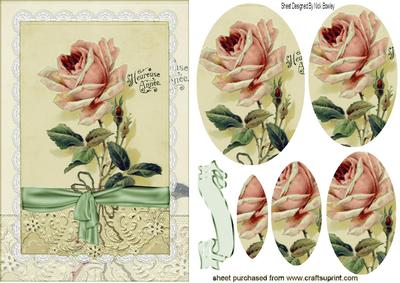 Single Pink French Rose in Cream Lace Oval Pyramids