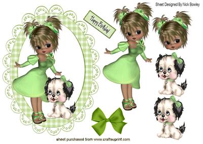 Pretty Girl in Green with Her Little Puppy
