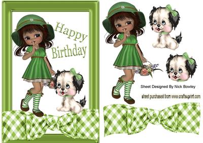 Little Girl in Green Bonnet with Her Puppy