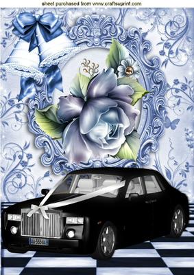 Black Wedding Car with Blue Bells & Roses A4