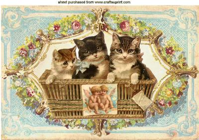 Vintage Kittens in a Basket in Floral Frame A4